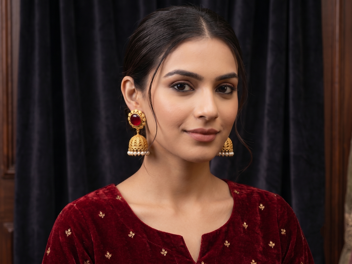 Zarvika Royal Solitaire Cabochon Antique Gold Brass Jhumkas