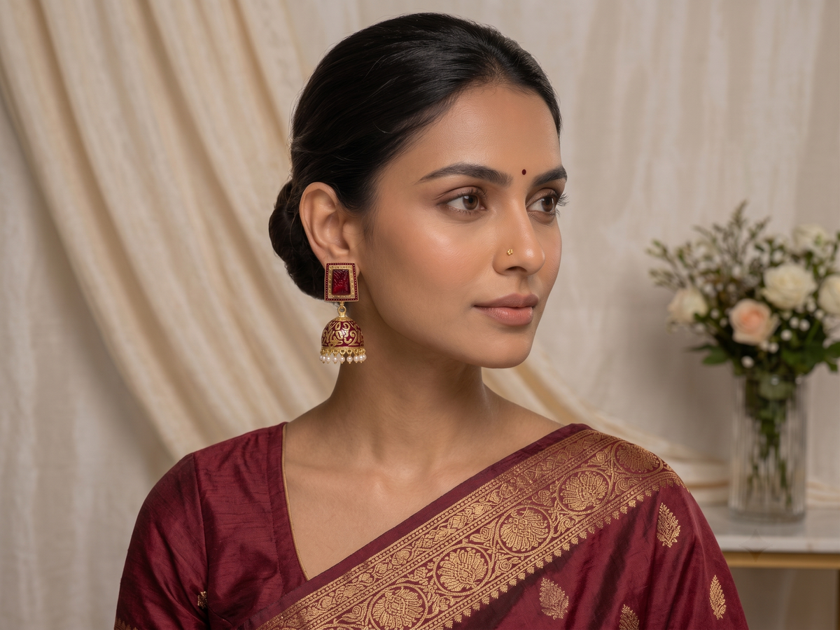 Zarvika Geometric Carved Stone Jaipuri Hand Painted Meenakari Jhumkas
