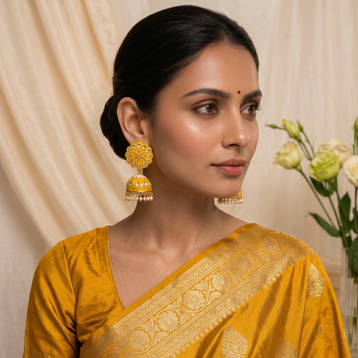 Zarvika Floral Bloom Hand-Painted Jaipuri Meenakari Jhumkas