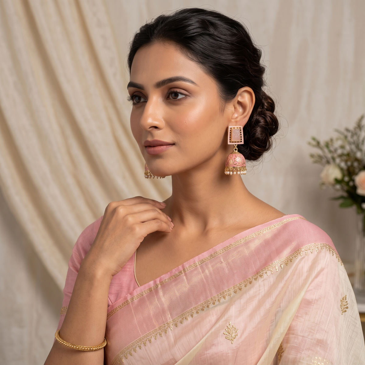 Zarvika Geometric Carved Stone Jaipuri Hand Painted Meenakari Jhumkas